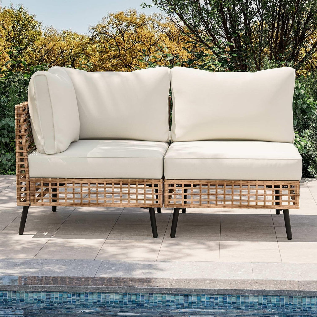 LAUSAINT HOME 2 Pieces Outdoor Sectional Sofa Set, All-Weather PE Wicker Rattan Patio Conversation Set with Thick Cushions & Coffee Table, Patio Furniture Set for Garden, Backyard, Porch (Beige)