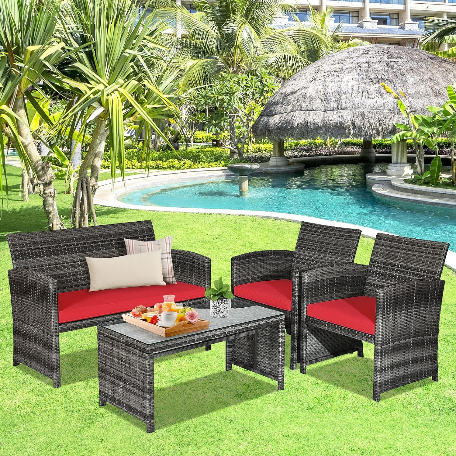 Goplus 4-Piece Rattan Patio Furniture Set, Outdoor Wicker Conversation Sofa with Weather Resistant Cushions and Tempered Glass Tabletop for Lawn Backyard Pool Garden (Red)