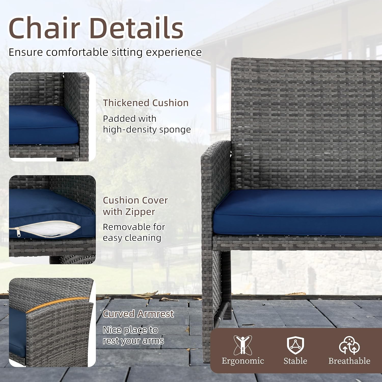4 Piece Patio Ratten Set Outdoor Furniture Set Wicker Conversation Set with Cushions and Tempered Glass Tabletop,Deep Blue
