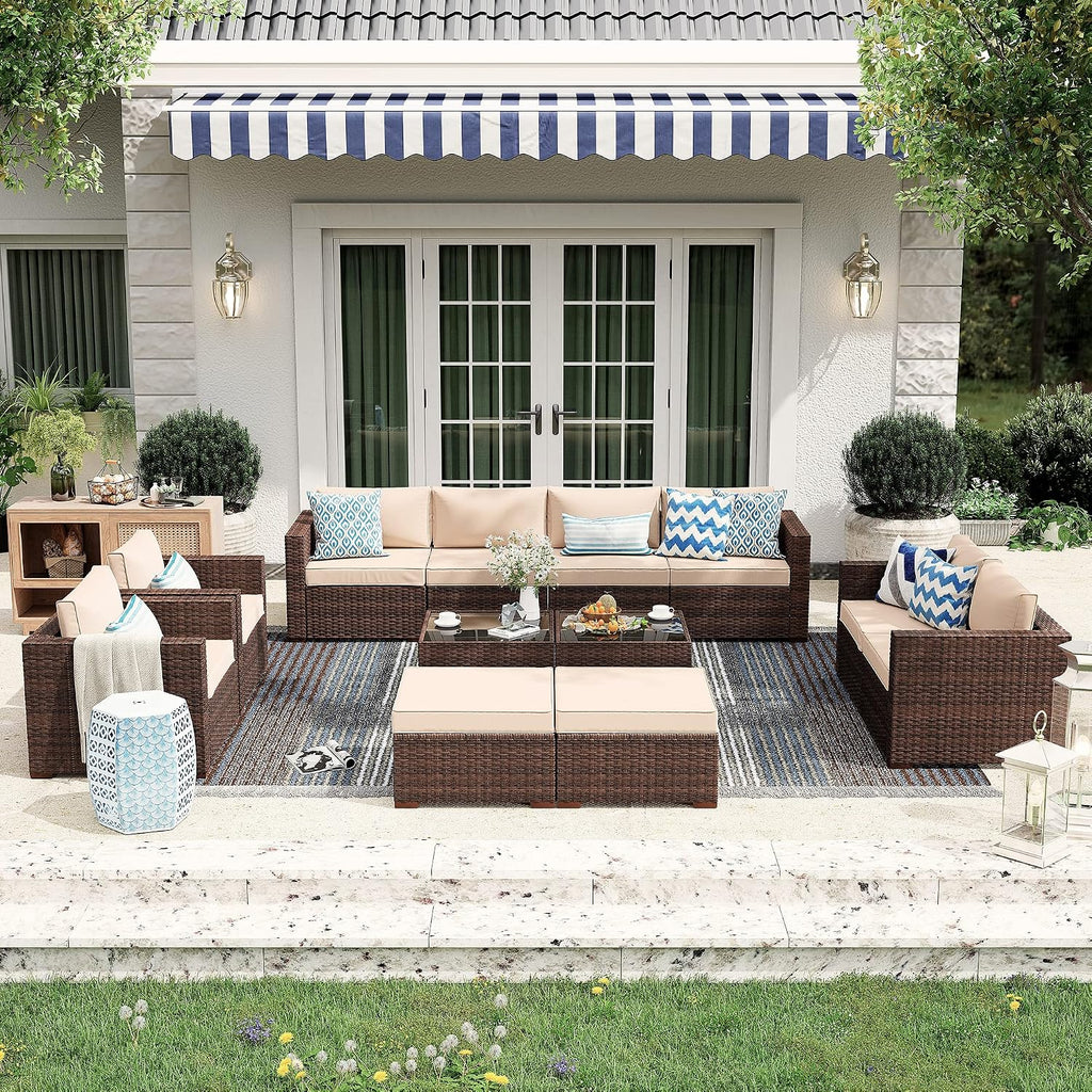 Patiorama 3 Piece Patio Furniture Set, Outdoor Sectional Sofa, PE Wicker Rattan Conversation Set, All Weather Armless Chair and Ottoman with Coffee Table, Brown Wicker Beige Cushion
