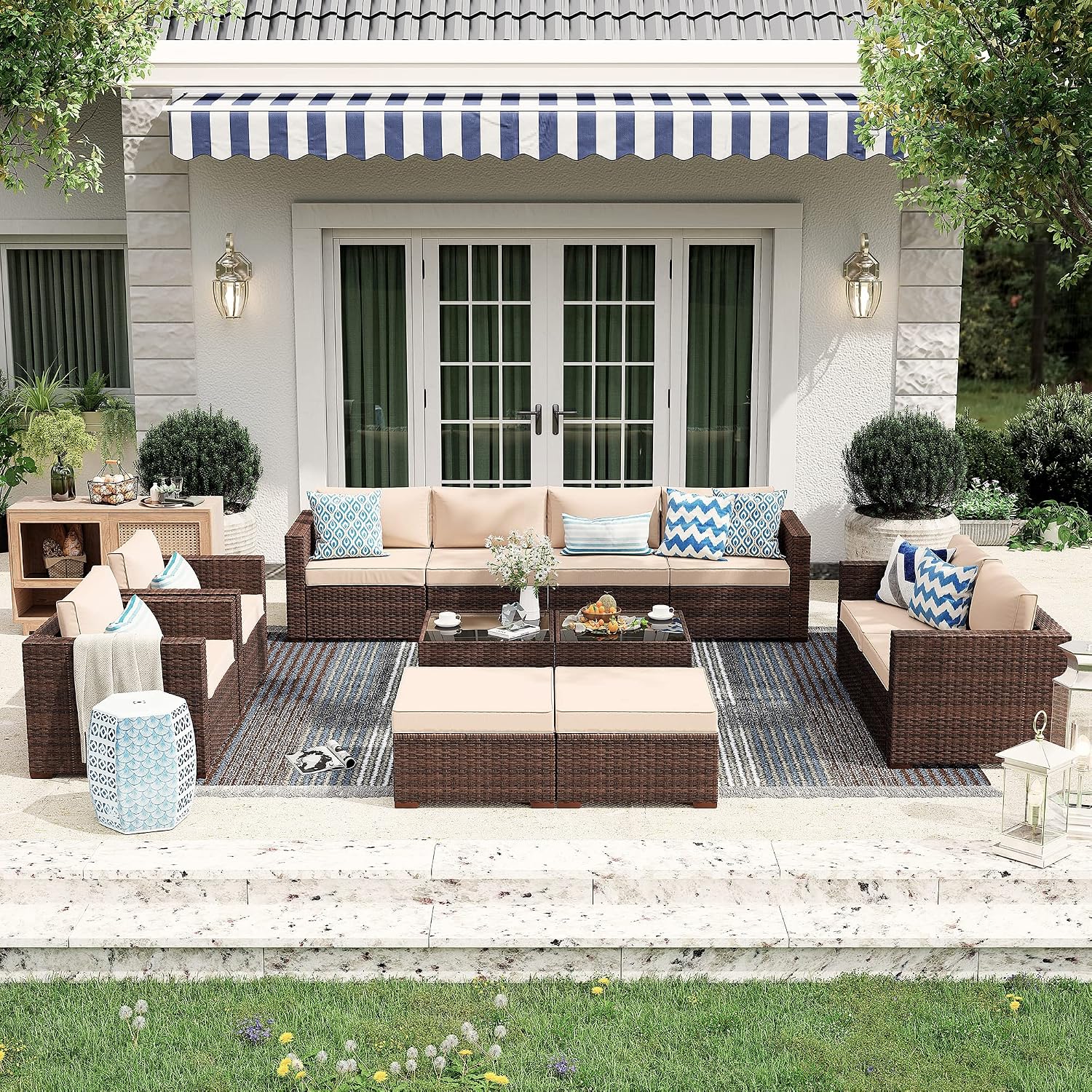 Patiorama 3 Piece Patio Furniture Set, Outdoor Sectional Sofa, PE Wicker Rattan Conversation Set, All Weather Armless Chair and Ottoman with Coffee Table, Brown Wicker Beige Cushion