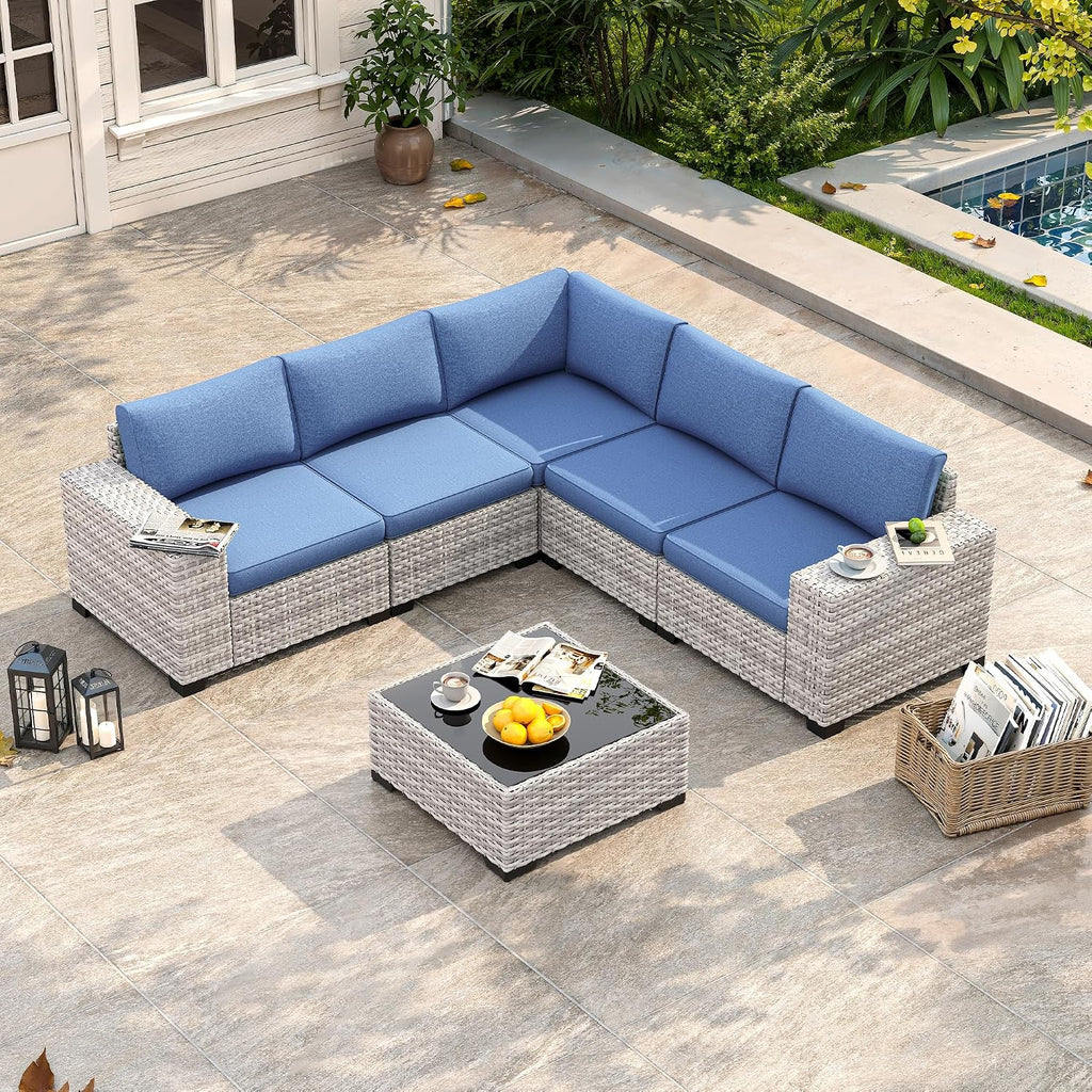 6 Piece Outdoor Sectional Sofa Set, 5-Seats Patio Wicker Conversation Set with 4' Thickened Cushions & Coffee Table, All-Weather PE Rattan for Garden, Backyard, Porch, Blue