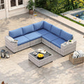 6 Piece Outdoor Sectional Sofa Set, 5-Seats Patio Wicker Conversation Set with 4' Thickened Cushions & Coffee Table, All-Weather PE Rattan for Garden, Backyard, Porch, Blue