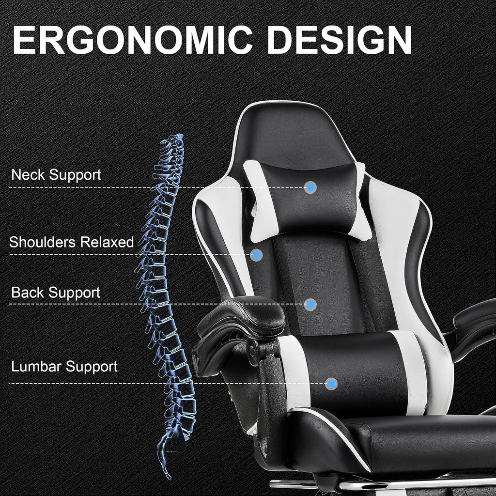 VECELO Ergonomic Gaming Chair with Footrest, Comfy Recliner Computer Chair, Swivel Seat, Height Adjustable, High Back PU Leather, Lumbar Support, Headrest for Adults, Jet Black