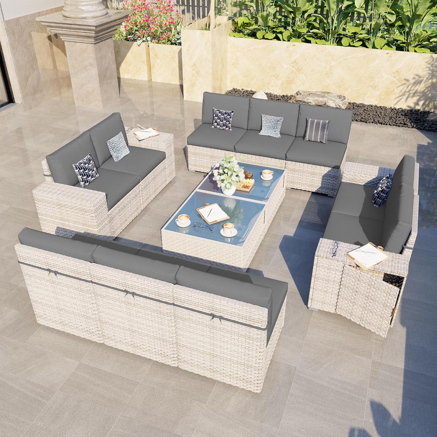 12-Piece Patio Furniture Set, Outdoor Extra Wide Armrest Modular Patio Sofa, Dual-Strand Rattan Wicker, Rust-Resistant Frame, Backyard High Back, Large Seat Furniture for Porch Garden Balcony, Grey