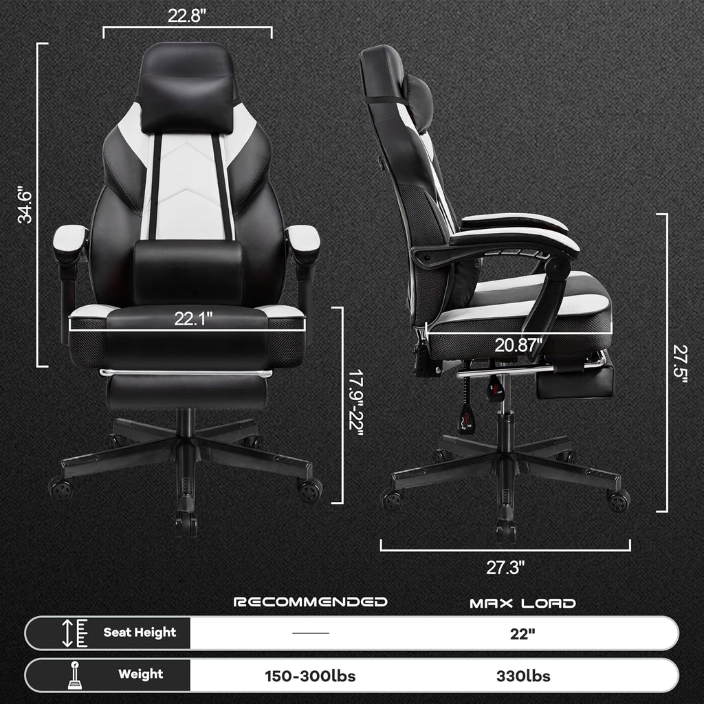 Big and Tall Gaming Chair for Adults, 330lbs Heavy Duty Computer Chair with Footrest, Video Game Chair, Massage Lumbar Support, Wide Seat High Back Reclining Desk Chair, White