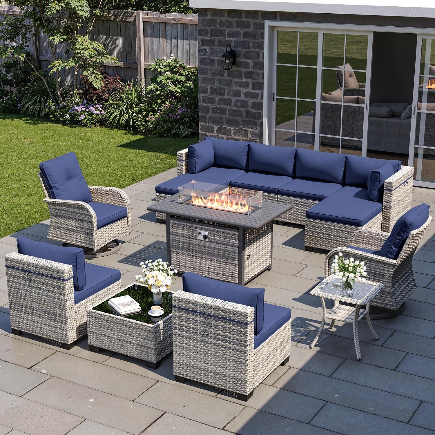13-Piece Patio Furniture Set, Outdoor Patio Furniture with Swivel Chairs Set, Ottomans, 55,000 BTU Fire Pit Table, Modular Patio Sofa, Dual-Strand Wicker Rattan, Rust-Resistant Frame, Navy Blue