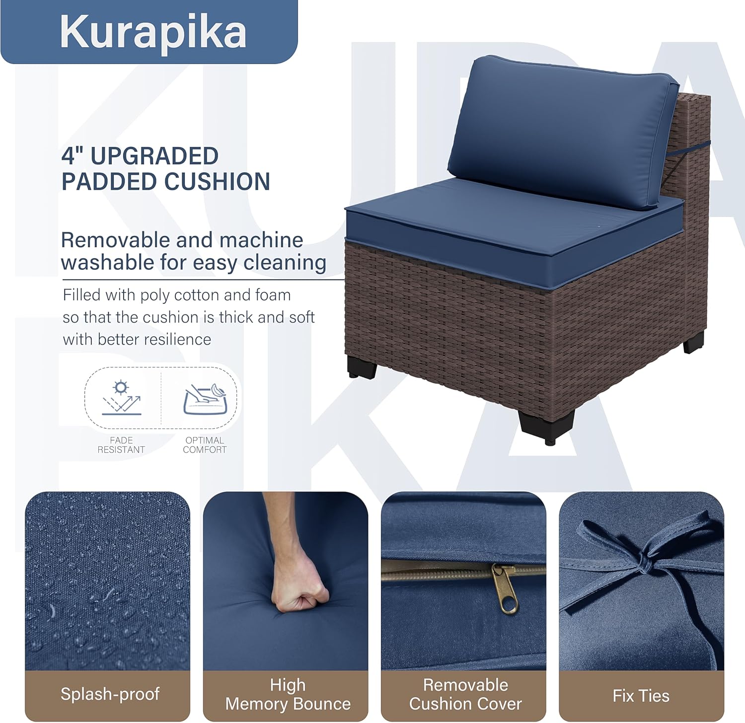 Kurapika 7 Pieces Patio Furniture Set, Rattan Wicker Outdoor Conversation Sets w/4 Inch Cushion and Glass Coffee Table(Navy Blue)