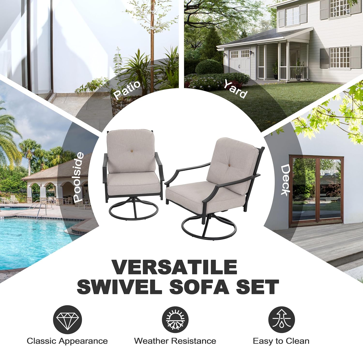 NUU GARDEN 2-Piece Swivel Patio Chairs with Olefin Cushions, Wide-Seat High-Back Outdoor Single Sofa Chairs, Powder-Coated Metal Patio Furniture Set for Garden, Porch, Lawn, Poolside, Black and Gray