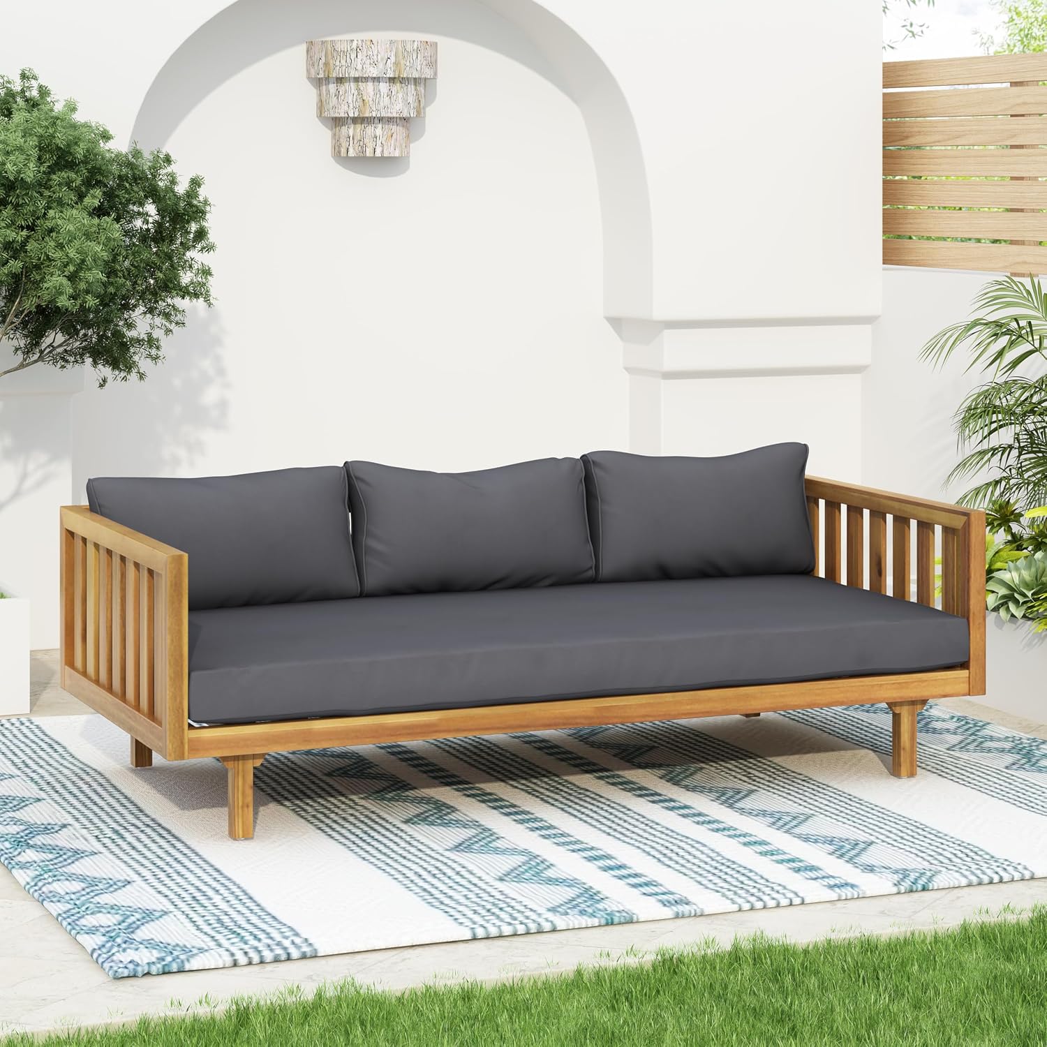 Christopher Knight Home Claremont Patio Sofa and Coffee Table Set, 2 Piece Outdoor Patio Furniture Set with Cushion, Acacia Wood 3 Seater Outdoor Sofa Daybed and Coffee Table Set, Teak+Dark Grey