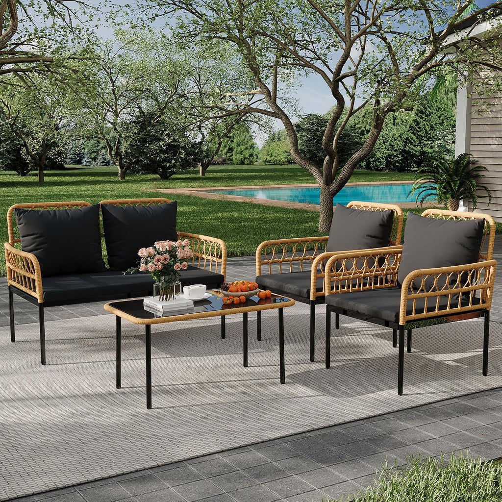 GarveeLife 4 Pieces Patio Furniture Sets Wicker Outdoor Patio Table and Chairs Set with Glass Side Table, Loveseat Chairs, Boho Rattan 4 Seater Conversation Sets for Backyard, Porch, Bistro, Black