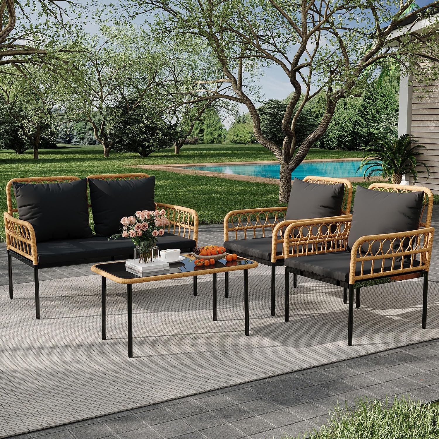 GarveeLife 4 Pieces Patio Furniture Sets Wicker Outdoor Patio Table and Chairs Set with Glass Side Table, Loveseat Chairs, Boho Rattan 4 Seater Conversation Sets for Backyard, Porch, Bistro, Black