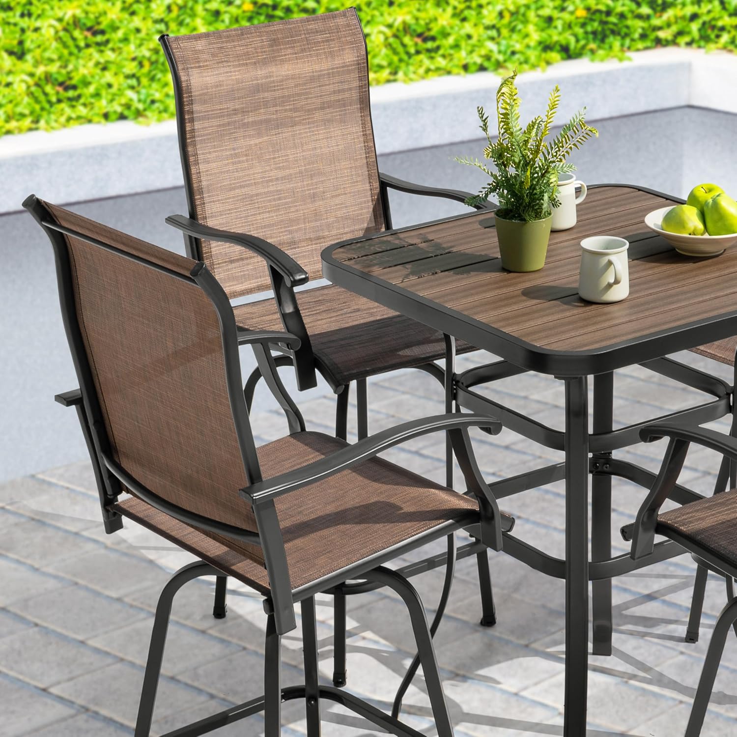 NUU GARDEN 5-Piece Outdoor Bar Set - 4 Swivel High Back Textilene Bar Stools & Metal Table with Faux Wood Top, Weather-Resistant Patio Furniture for Backyard, Porch, Garden, Black & Brown
