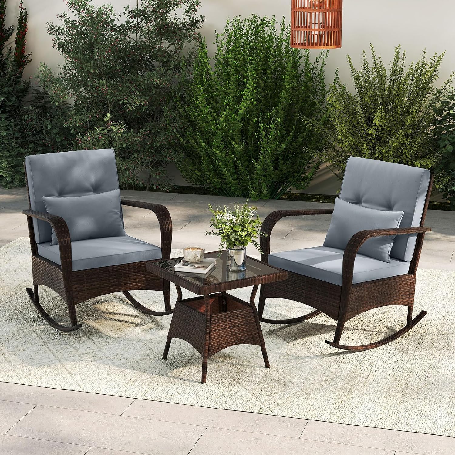 ORALNER 3 Pieces Patio Furniture Set, Outdoor Wicker Rocking Chairs with Cushions, Pillows, Glass Coffee Table, Rattan Bistro Rocker Set for Balcony Front Porch Poolside Garden Deck Yard (Grey)