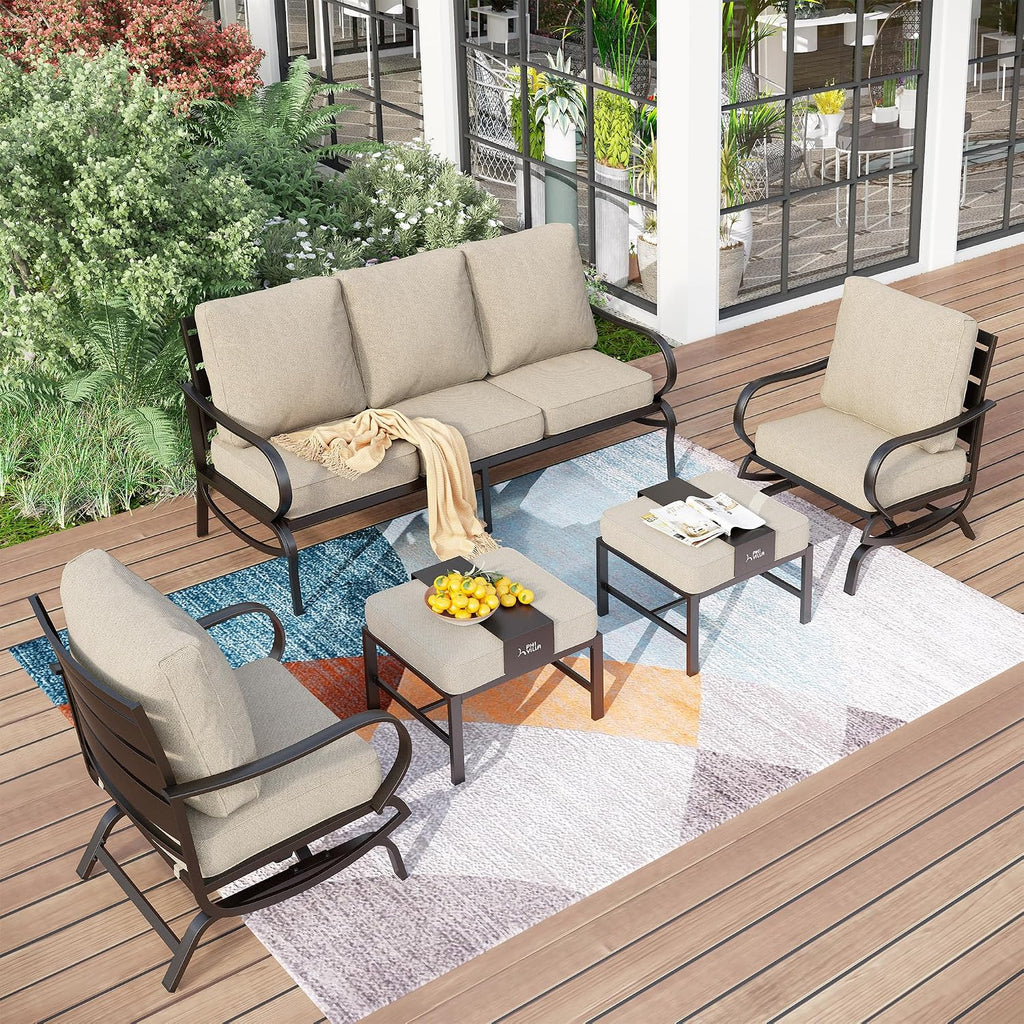PHI VILLA 5 Pcs Patio Furniture Set with 1 x 72 Padded Deep Seating Bench Sofa, 2 x Cushioned C-Base Sofa Chairs and 2 x Metal Cushioned Ottoman, Outdoor Deluxe Furniture Patio Set for Backyard