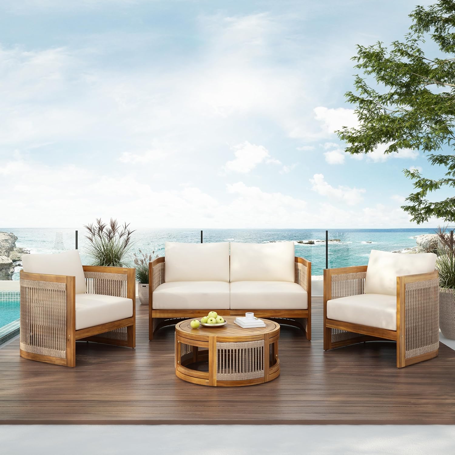 Acacia Wood Patio Multi-Person Sofa Set with Round Coffee Table and Woven Rope Accents, All-Weather Conversation Set Outdoor Seating Group for Garden Backyard Poolside Balcony (Teak+Beige)