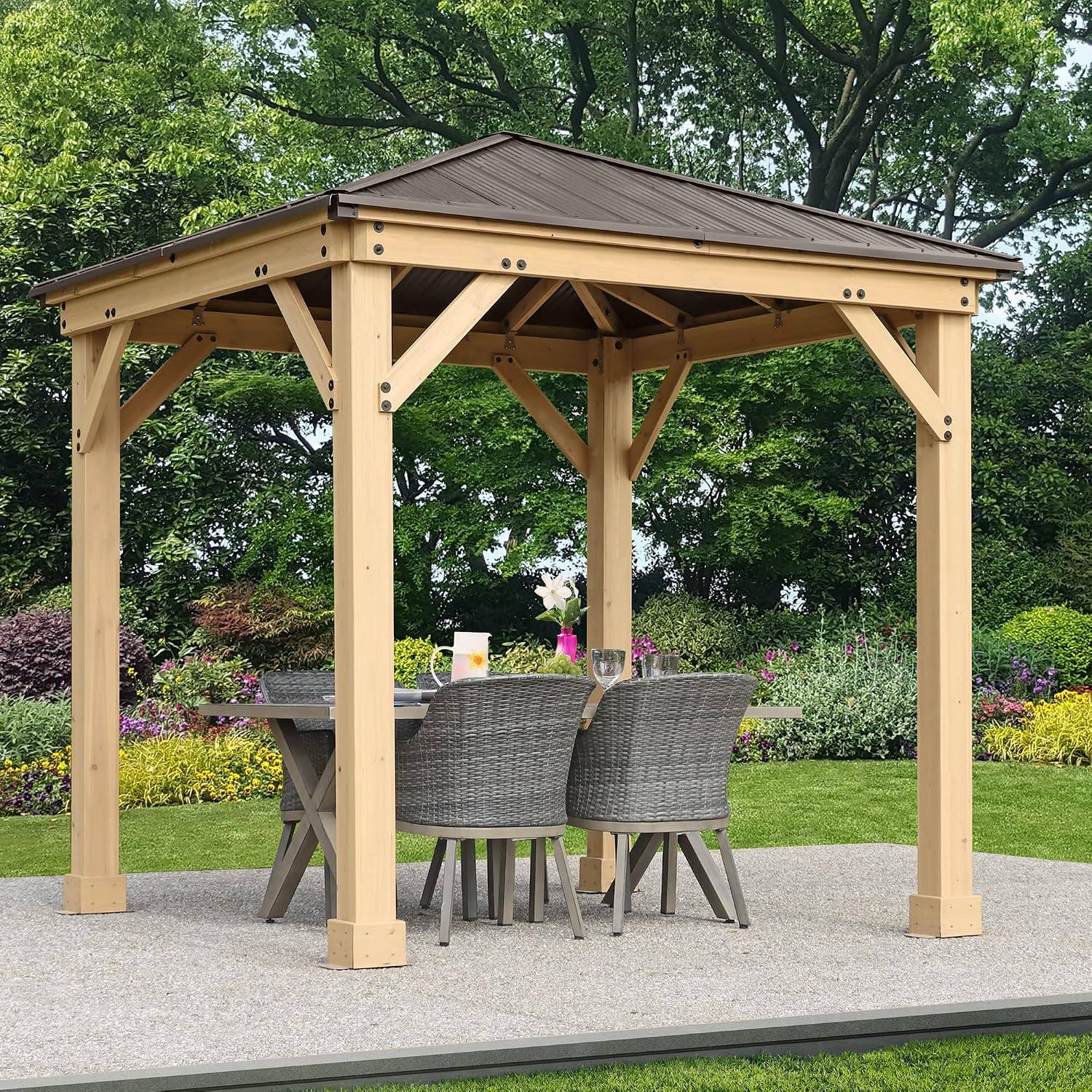 Yardistry 8 x 8 Meridian Cedar Wood Gazebo Pavilion for Patios, Decks, Garden, Backyard, Durable, Aluminum Roof