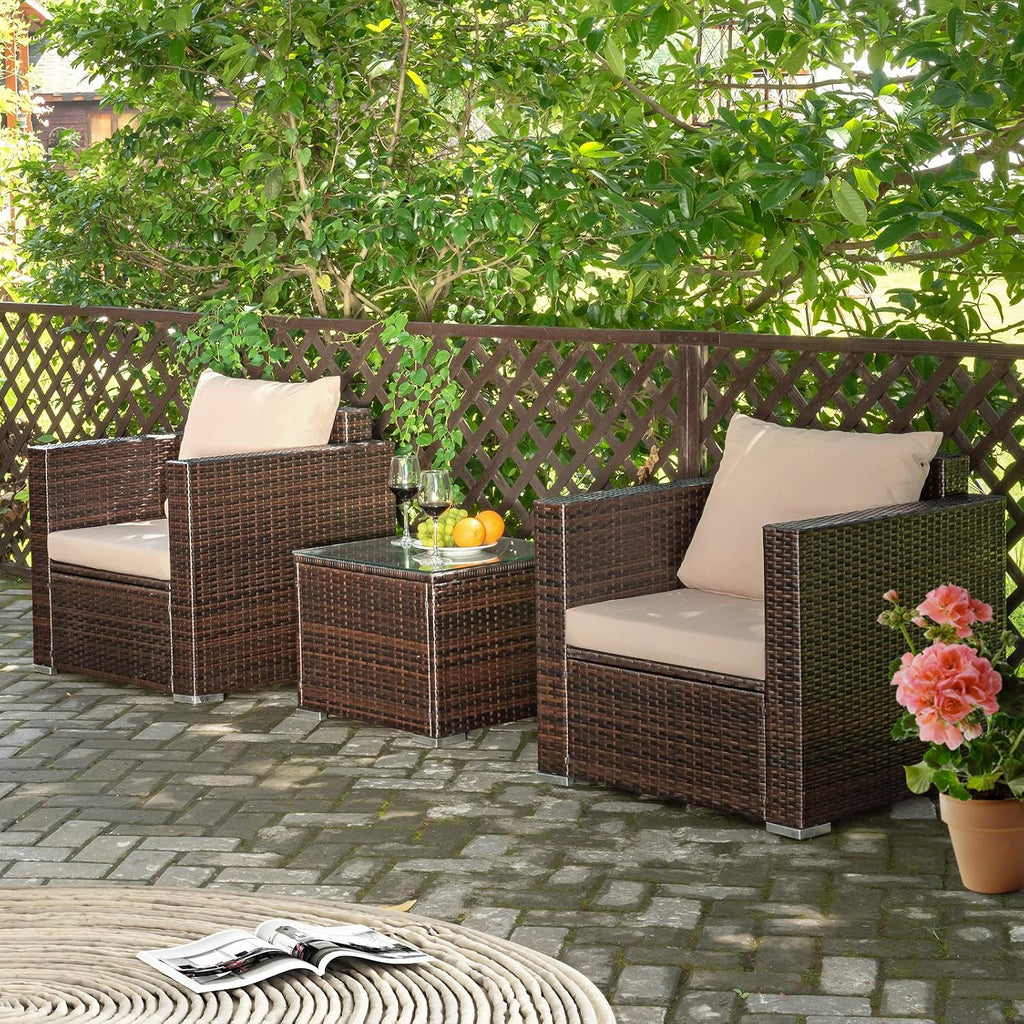 Tangkula 3 Pieces Patio Furniture Set, Outdoor Conversation Rattan Furniture Set w/Washable Cushion and Tempered Glass Tabletop, PE Rattan Wicker Sofa Set for Garden Poolside Balcony