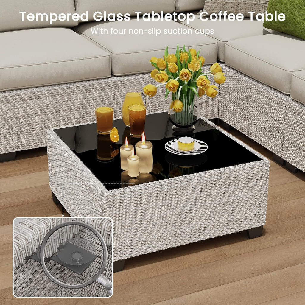 9 Piece Outdoor Patio Furniture Set with 28'' Fire Pit Table, Outdoor Sectional Furniture, Rattan & Wicker Modern Modular Conversation Set Sofa Couch W/Water Resistant Washable Thick Cushions, Beige