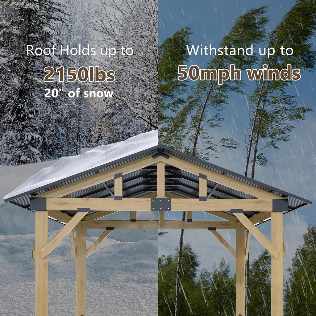 11'x13' Wood Gazebo, Outdoor Hardtop Gazebo, Cedar Frame Wooden Gazebos with Waterproof Steel Roof, Fit Patio, Backyard, Garden, Lawns, Porch