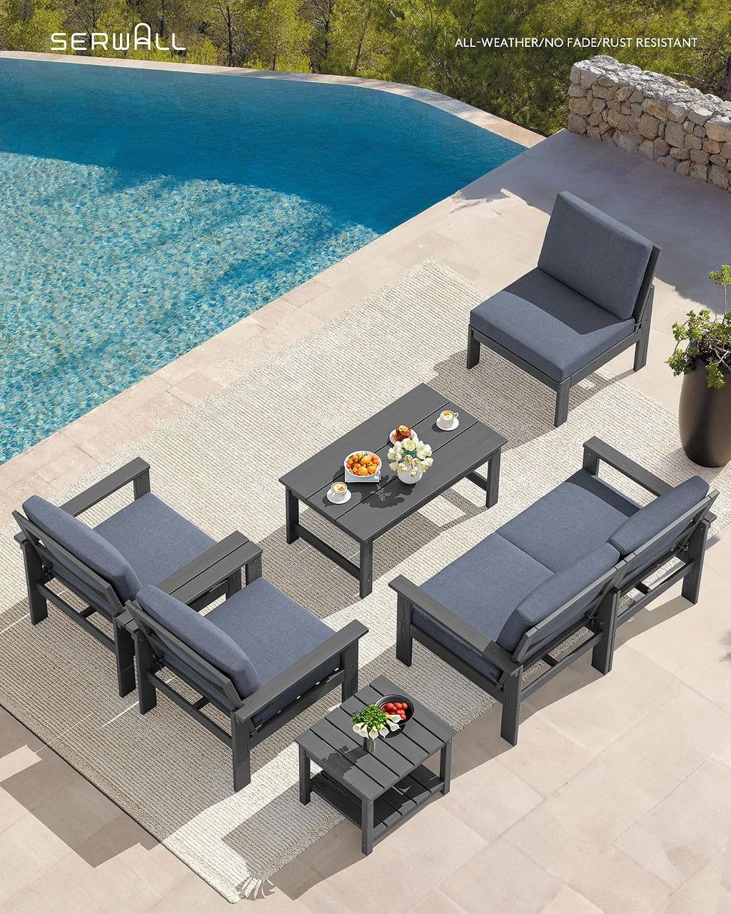 SERWALL HDPE Patio Furniture Set, 7-piece Outdoor Sectional Sofa Set, All Weather Outdoor Couch Set for Deck, Lawn, Grey Frame with Grey Cushion