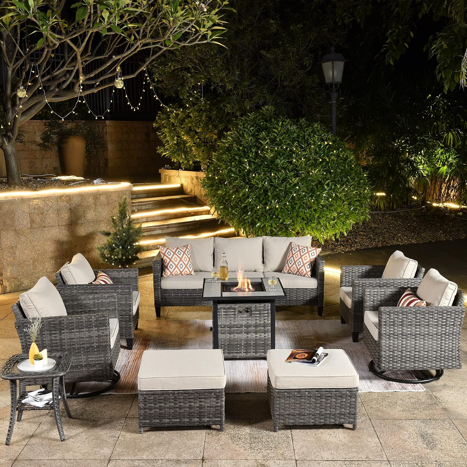 ovios 9 Pieces Patio Furniture Set with Square Fire Pit Table, Outdoor Swivel Rocking Chairs, High Back Wicker Rattan Conversation Set for Deck Porch, Beige