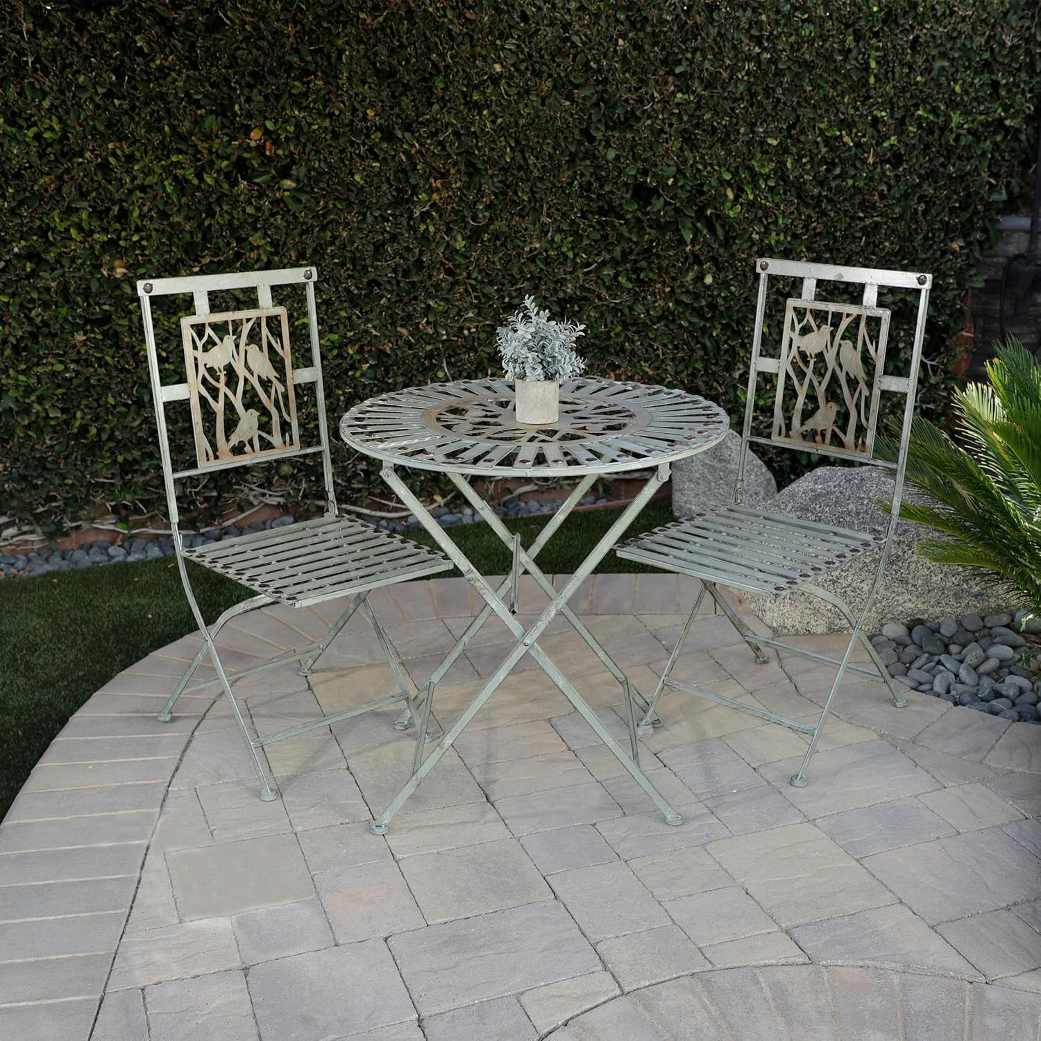 Alpine Corporation Indoor/Outdoor Bird Design 3-Piece Bistro Set Folding Table and Chairs Patio Seating