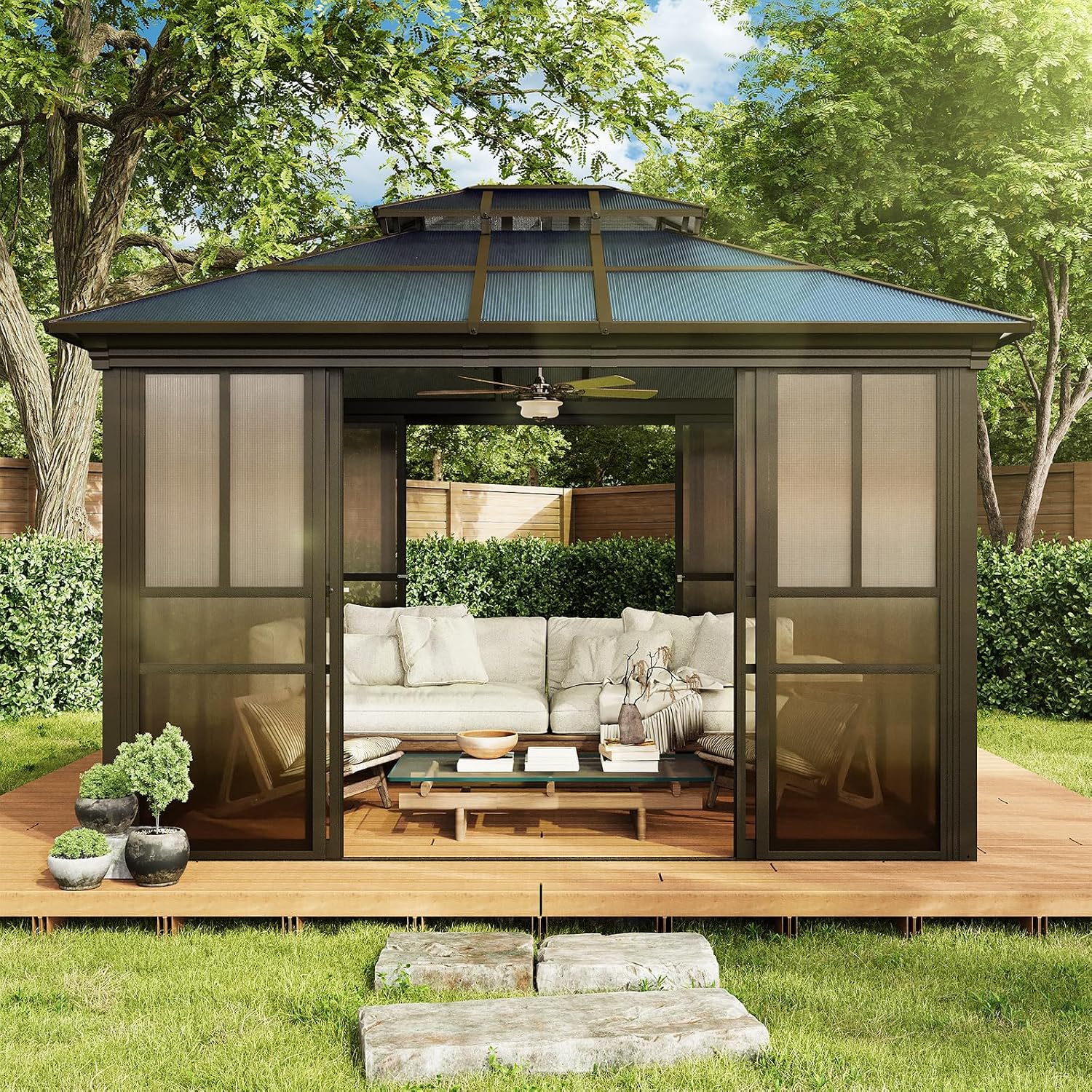 YOLENY 10x12 Sunroom Gazebo, Enclosed Outdoor Solarium with Tinted Polycarbonate Roof, 4 Lockable Sliding Doors & Aluminum Frame, Permanent Hardtop Patio Gazebo for Backyard