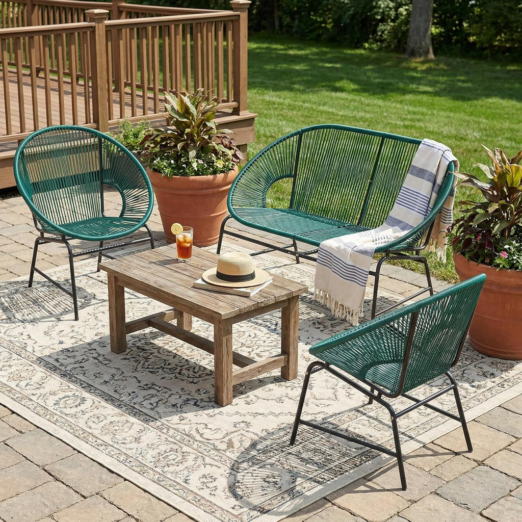 Christopher Knight Home Dessa 3 Piece Patio Furniture Set, Wicker Patio Loveseat Sofa and Accent Chair Set of 2, Metal Double Papasan Chair, Teal