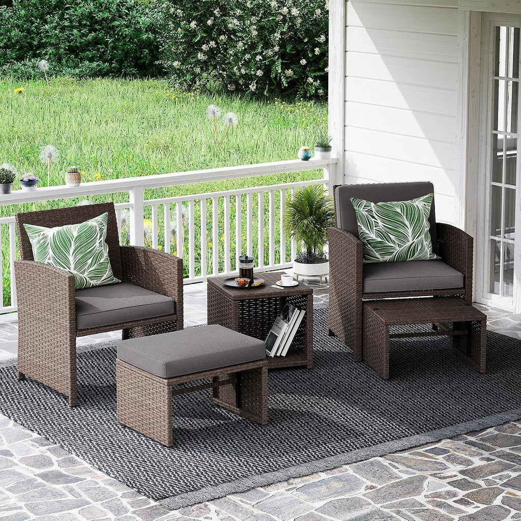 OC Orange-Casual 5 Pcs Patio Conversation Set Balcony Furniture Set with Cushions, Brown Wicker Chair with Ottoman, Storage Table for Backyard, Garden, Porch, Dark Grey