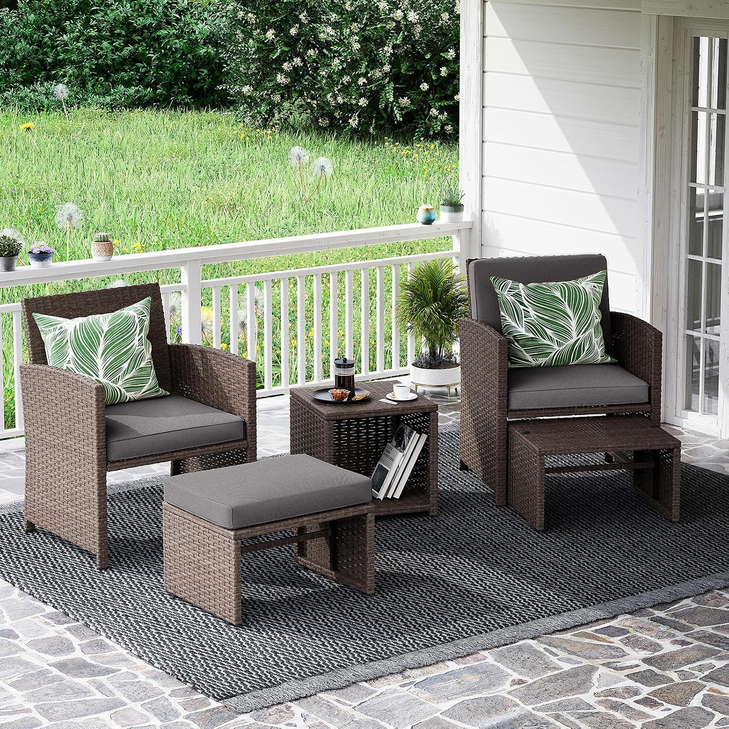 OC Orange-Casual 5 Pcs Patio Conversation Set Balcony Furniture Set with Cushions, Brown Wicker Chair with Ottoman, Storage Table for Backyard, Garden, Porch, Dark Grey