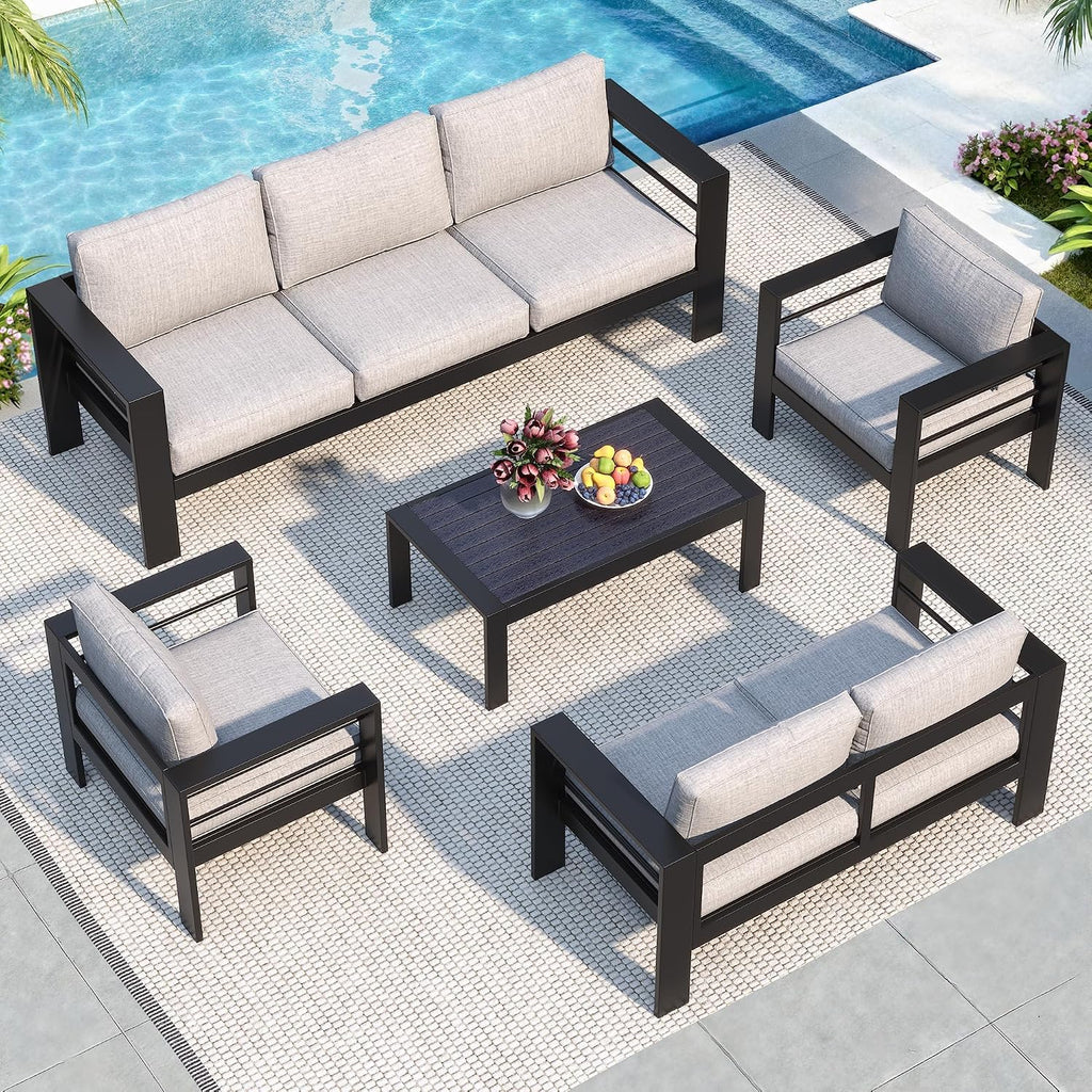 Solaste Aluminum Patio Furniture Set for All Weather, Oversized Metal Outdoor Furniture with 27.5' Deep Seating and 3.2' Wide Armrest, Patio Conversation Set with 10'' Back Cushion, Black and Grey