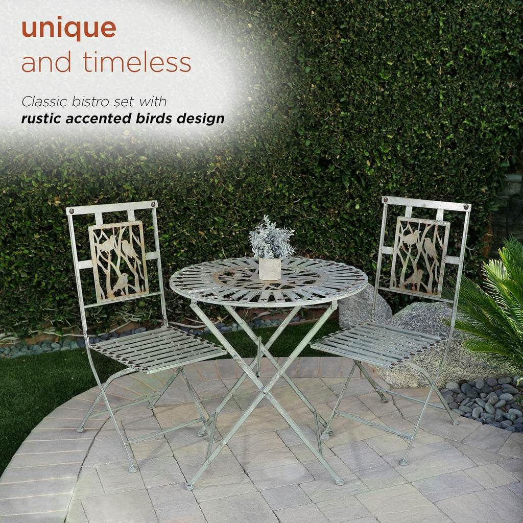 Alpine Corporation Indoor/Outdoor Bird Design 3-Piece Bistro Set Folding Table and Chairs Patio Seating