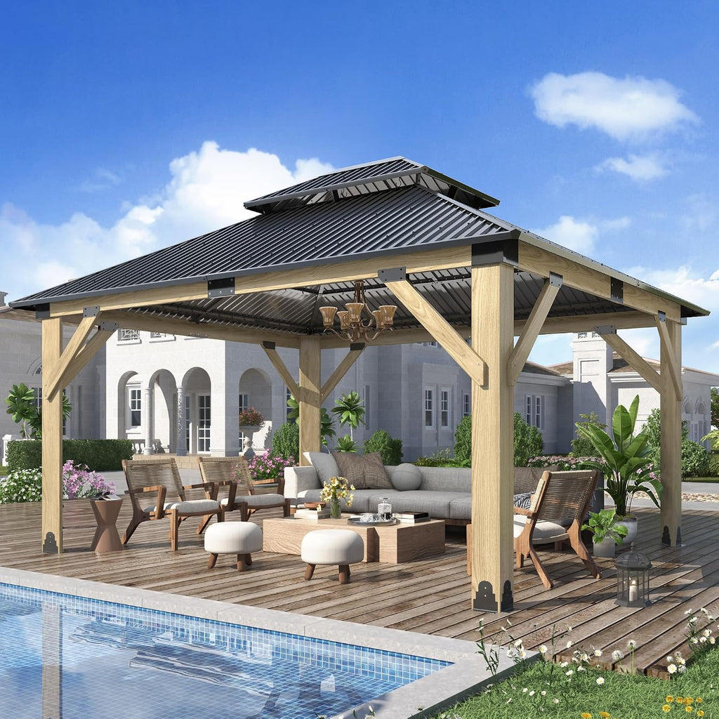 GARTOO 13'x15' Outdoor Wooden Gazebo - Patio Galvanized Steel Wood Gazebo with Double Vented Roof, Heavy-Duty Gazebos for Garden, Lawn, Backyard Deck, Poolside