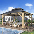 GARTOO 13'x15' Outdoor Wooden Gazebo - Patio Galvanized Steel Wood Gazebo with Double Vented Roof, Heavy-Duty Gazebos for Garden, Lawn, Backyard Deck, Poolside