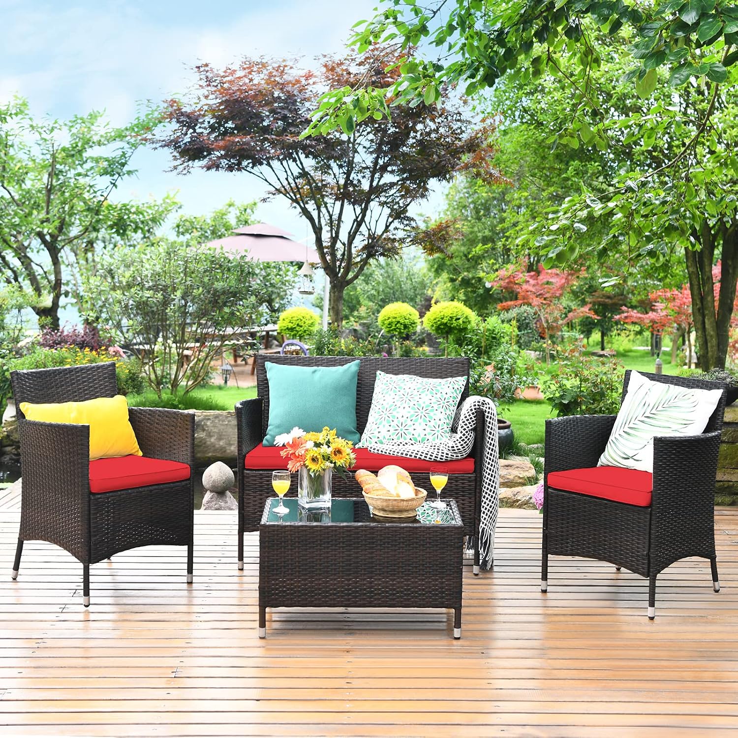 COSTWAY 4PCS Rattan Patio Furniture Set, Outdoor Wicker Rattan Chairs with Coffee Table, Rattan Cushioned Conversation Set for Backyard Balcony Porch Poolside, Red