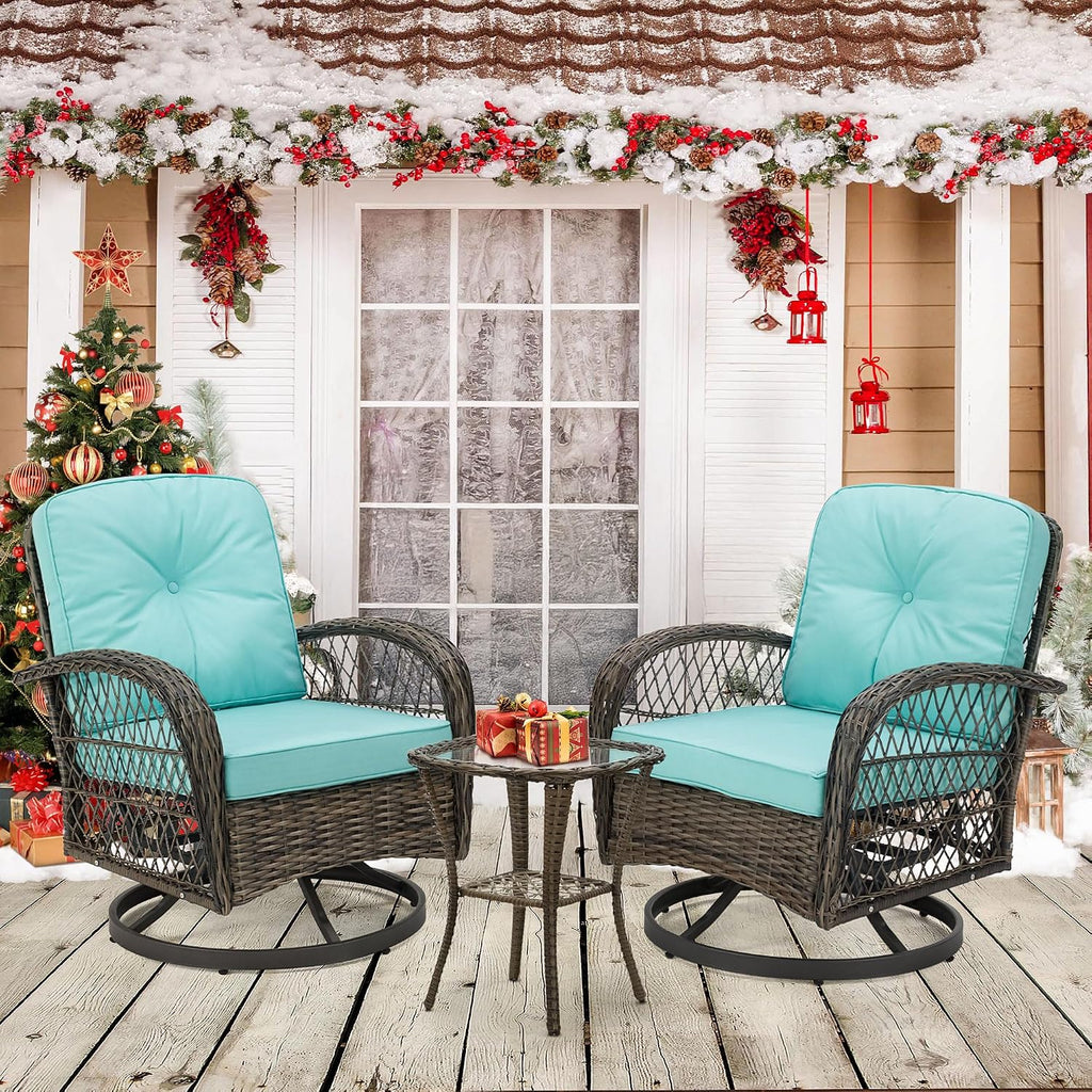 EROMMY 3 Pieces Outdoor Swivel Rocker Patio Chairs, 360 Degree Rocking Patio Conversation Set with Thickened Cushions and Glass Coffee Table for Backyard, Blue