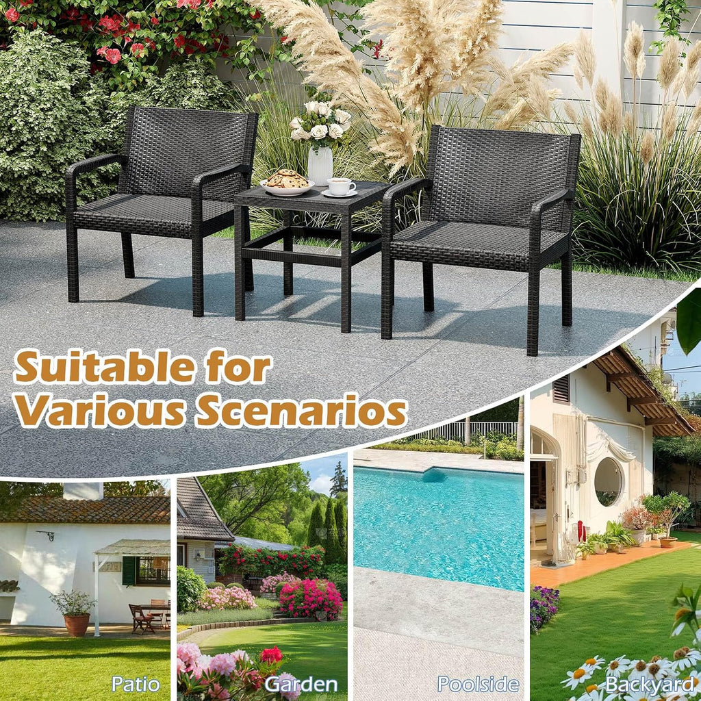 COSTWAY 3 Piece Patio Furniture Set, Outdoor PP Rattan Wicker Furniture Set with 2 Modern Rattan Armchair and 25' Squire Side Table for Patio, Garden, Poolside, Bistro, Black