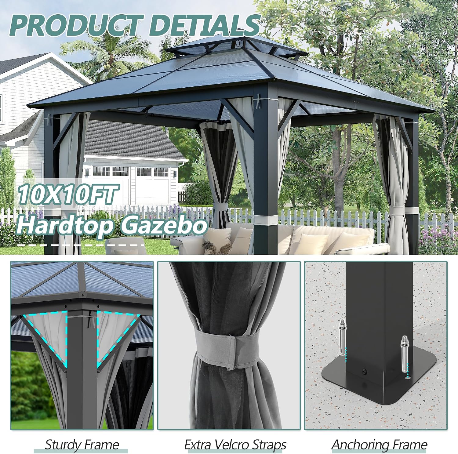 10'x10' Hardtop Gazebo, Upgrade Outdoor Polycarbonate Gazebos with Netting and Curtains, Heavy Duty Metal Pavilion for Patio, Backyard, Deck and Lawn