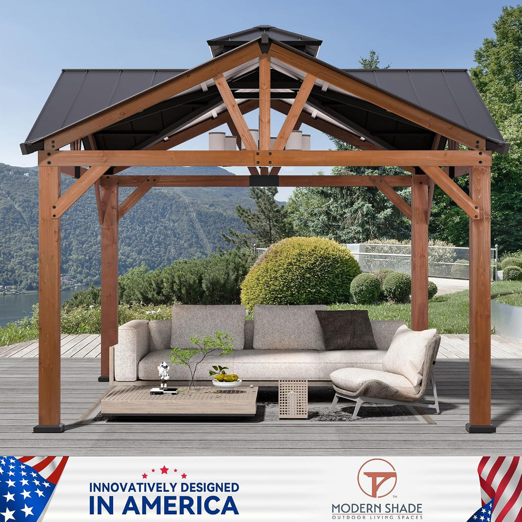 Modern Shade Cedar Wood Gazebo 12' x 12', Heavy Duty Hardtop Gazebo with Steel Roof, Water Resistant, Wind Resistant, Solid Wood Framed Pavilion, Perfect for Your Permanent Outdoor Pavilion
