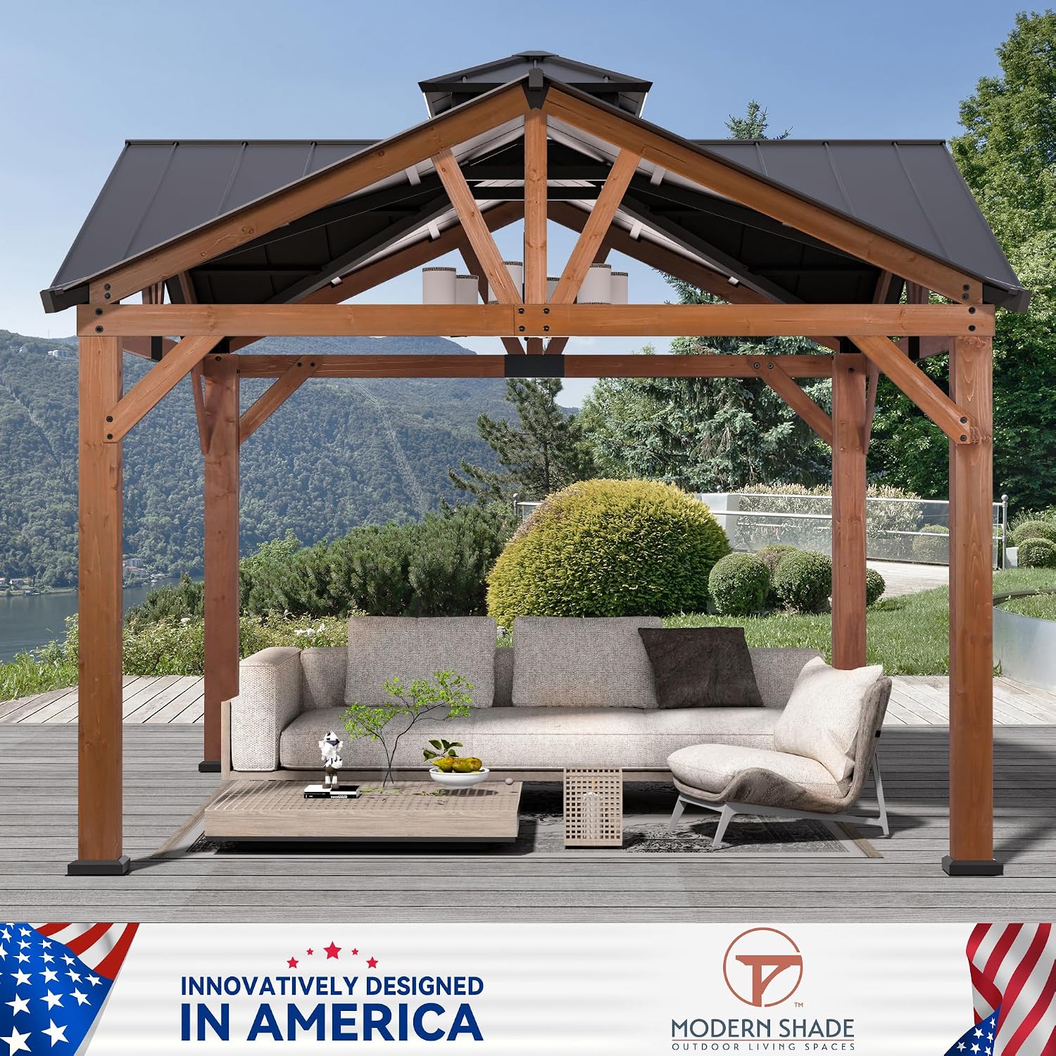 Modern Shade Cedar Wood Gazebo 12' x 12', Heavy Duty Hardtop Gazebo with Steel Roof, Water Resistant, Wind Resistant, Solid Wood Framed Pavilion, Perfect for Your Permanent Outdoor Pavilion