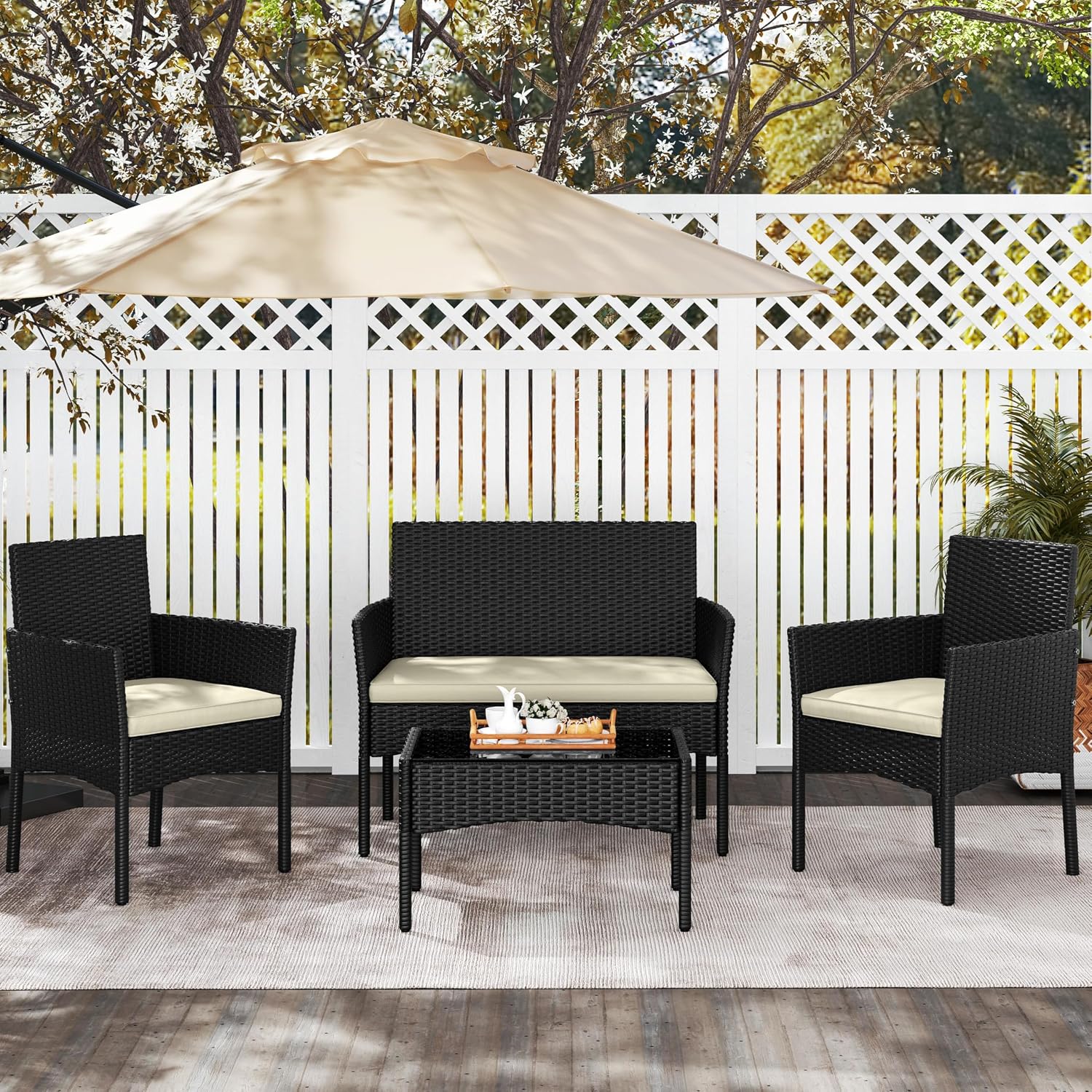 Yaheetech Patio Furniture Set 4 Pieces Conversation Sets, Rattan Chair Wicker Set Loveseat with Soft Cushion and Glass Table for Backyard Porch Garden Poolside Balcony, Black and Beige