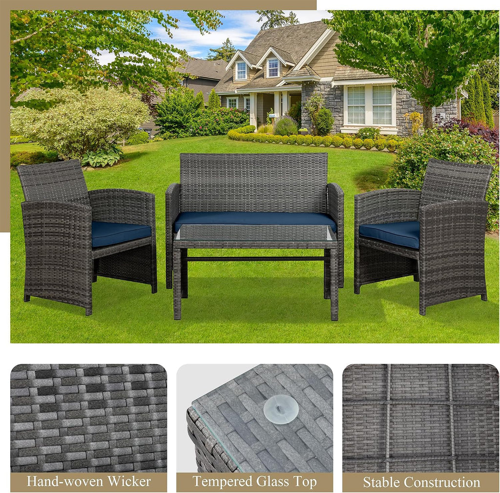 JAMFLY 4 Piece Outdoor Patio Furniture Set, Outdoor Wicker Rattan Chairs Conversation Sets with Cushions & Coffee Table for Outside, Garden, Balcony, Porch, Dark Blue