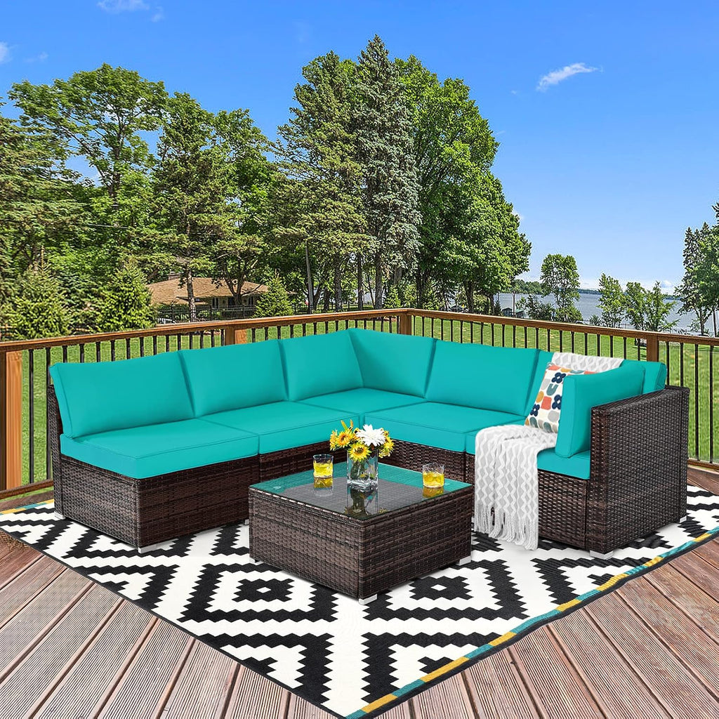 COSTWAY 6-Piece Outdoor Patio Furniture Set, Rattan Sectional Sofa Set with Tempered Glass Coffee Table and Cushions for Garden, Deck, Backyard (Turquoise)