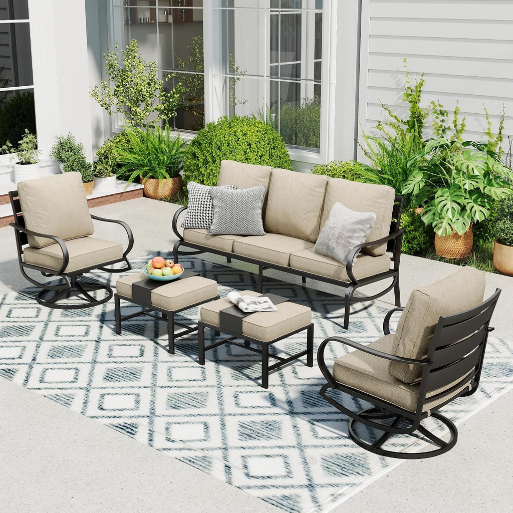 Sophia & William Patio Furniture Sets for 5 Outdoor Metal Conversation Sets 5 Pcs with 2 x Cushioned Swivel Sofa Chairs, 2 x Ottomans as Coffee Table, 1 x 3-Seat Sofa, Lawn Backyard Poolside Beige