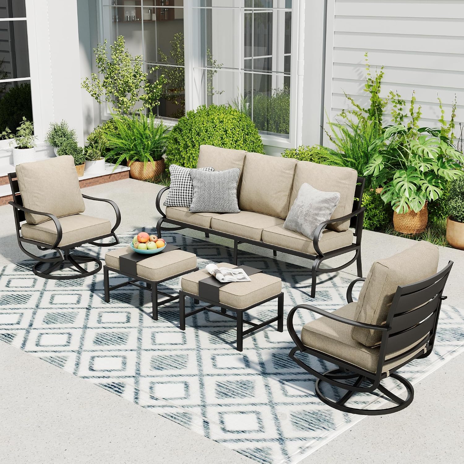 Sophia & William Patio Furniture Sets for 5 Outdoor Metal Conversation Sets 5 Pcs with 2 x Cushioned Swivel Sofa Chairs, 2 x Ottomans as Coffee Table, 1 x 3-Seat Sofa, Lawn Backyard Poolside Beige
