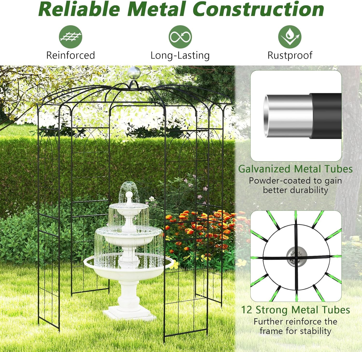 Moccha Birdcage Shape Gazebo, 9.4' H x 6.8' W Pergola Pavilion Arbor for Climbing Plants, French Style Arch Trellis with 8 Ground Stakes, Outdoor Metal Garden Arch for Wedding Party Decoration, Black