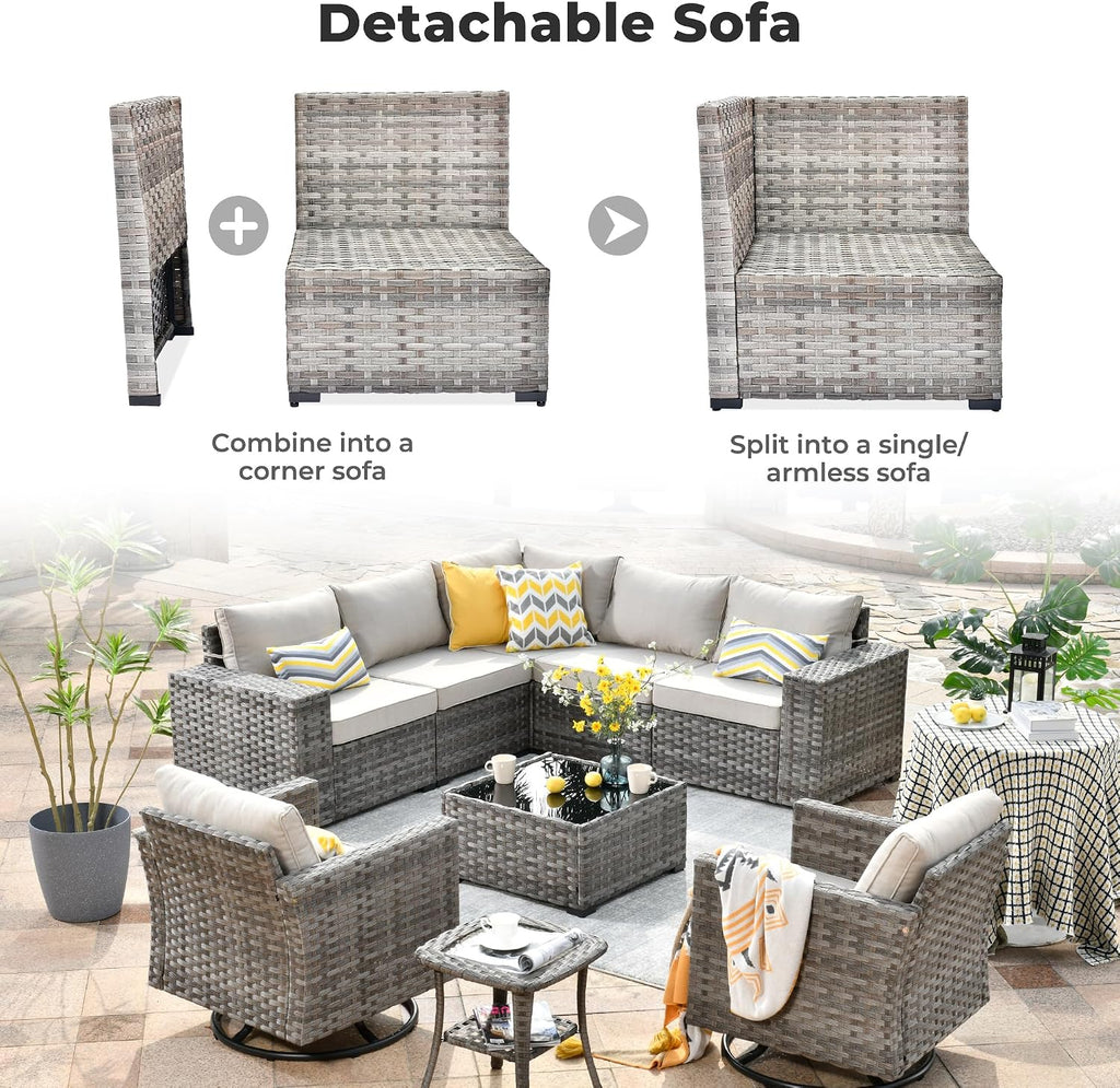 ovios 9 Pieces Patio Furniture Set, Outdoor Wicker Sectional Sofa with 2 Swivel Chairs Coffee Table, Modern Modular Deep Seat Rattan Couch Conversation Sets, Beige