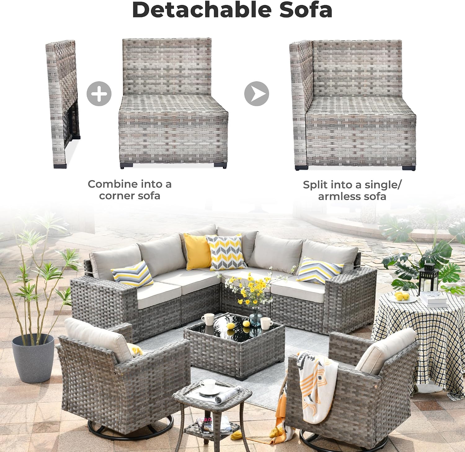 ovios 9 Pieces Patio Furniture Set, Outdoor Wicker Sectional Sofa with 2 Swivel Chairs Coffee Table, Modern Modular Deep Seat Rattan Couch Conversation Sets, Beige