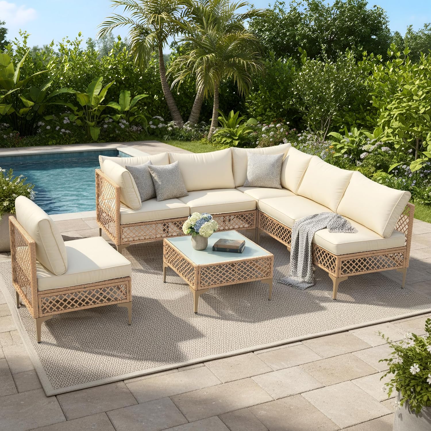 PORWEY 7 Piece Patio Furniture Set, Outdoor Wicker Sectional Conversation Set with Water Resistant Thick Cushions & Tempered Glass Coffee Table for Backyard, Porch, Yellow/Beige